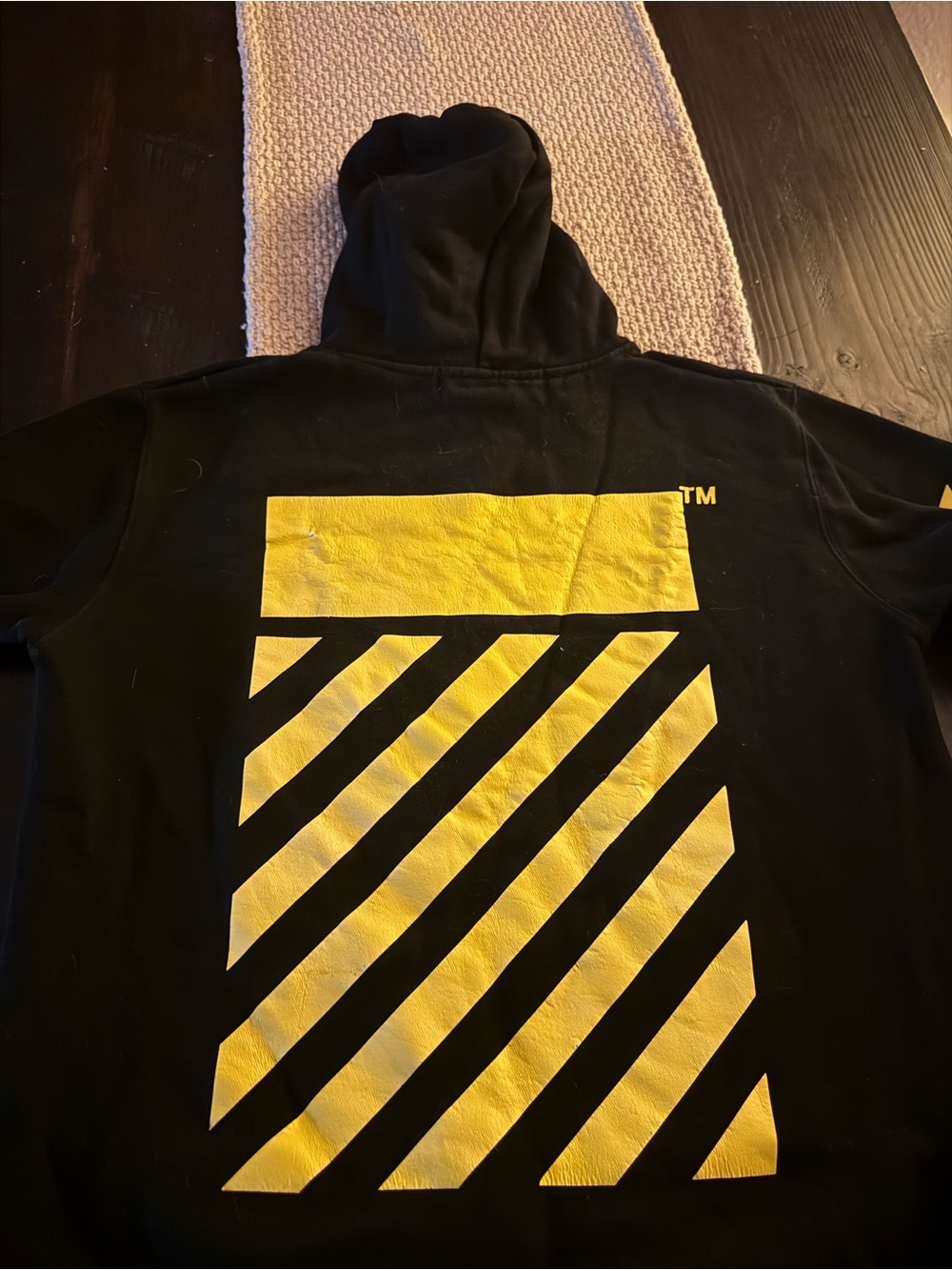 Off-White Black Cotton Hoodie with Yellow Stripe Graphic
